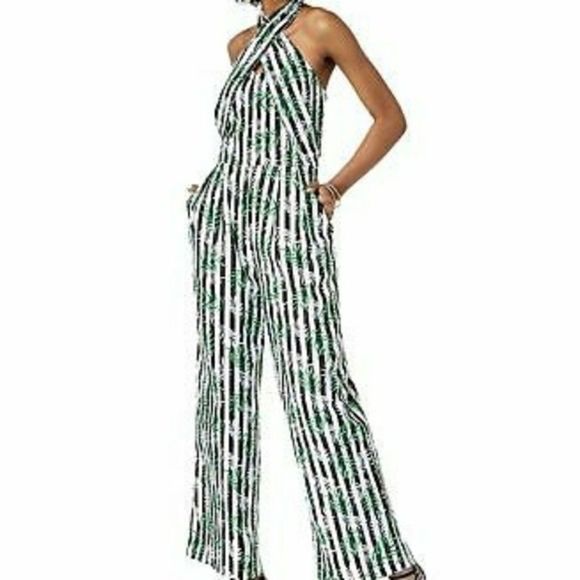 XOXO Striped Green Palm Leaves Jumpsuit Sz M - Picture 1 of 13